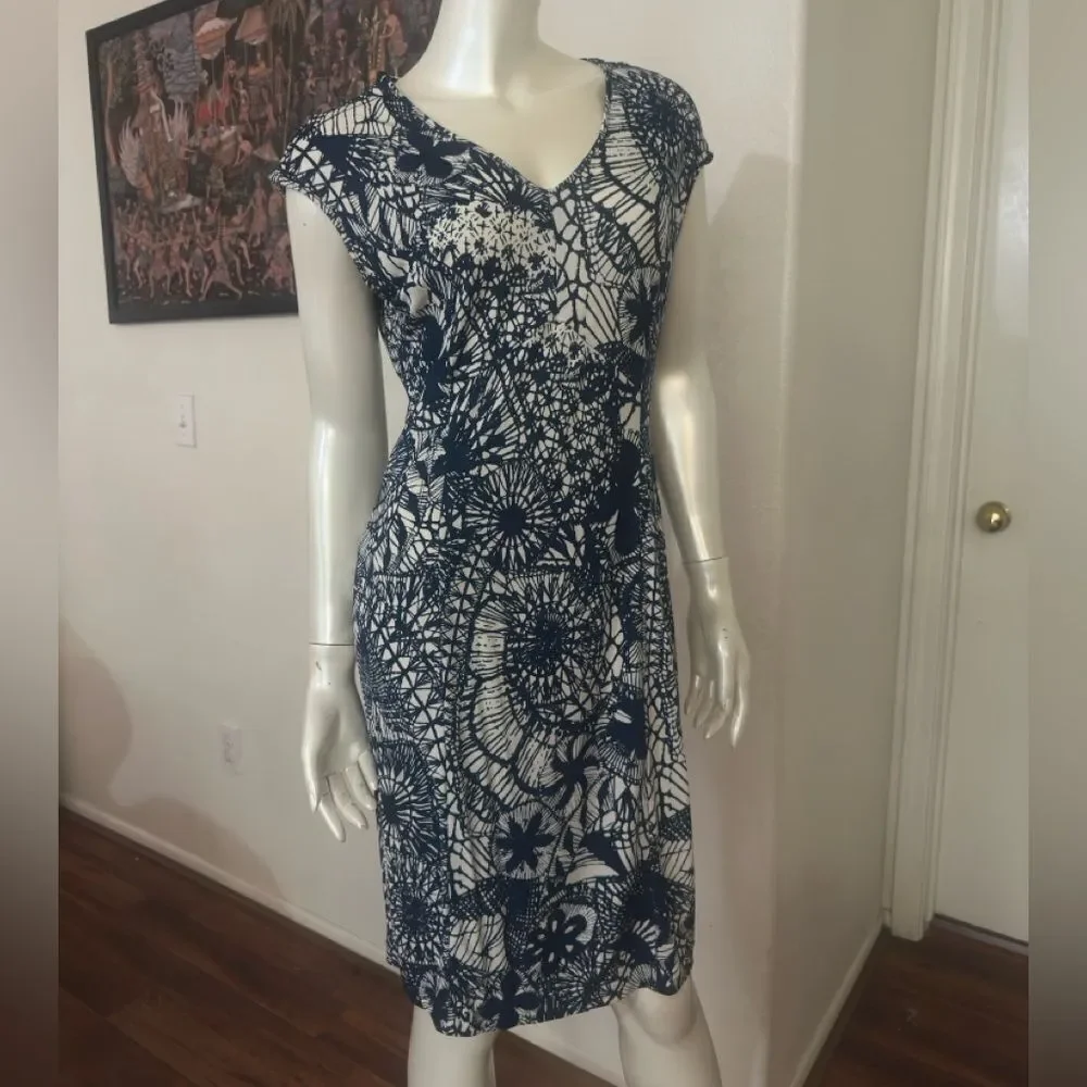 TORY BURCH Blue Baltic Sea Dream Catcher Dress MED Cap Sleeve V Neck Casua